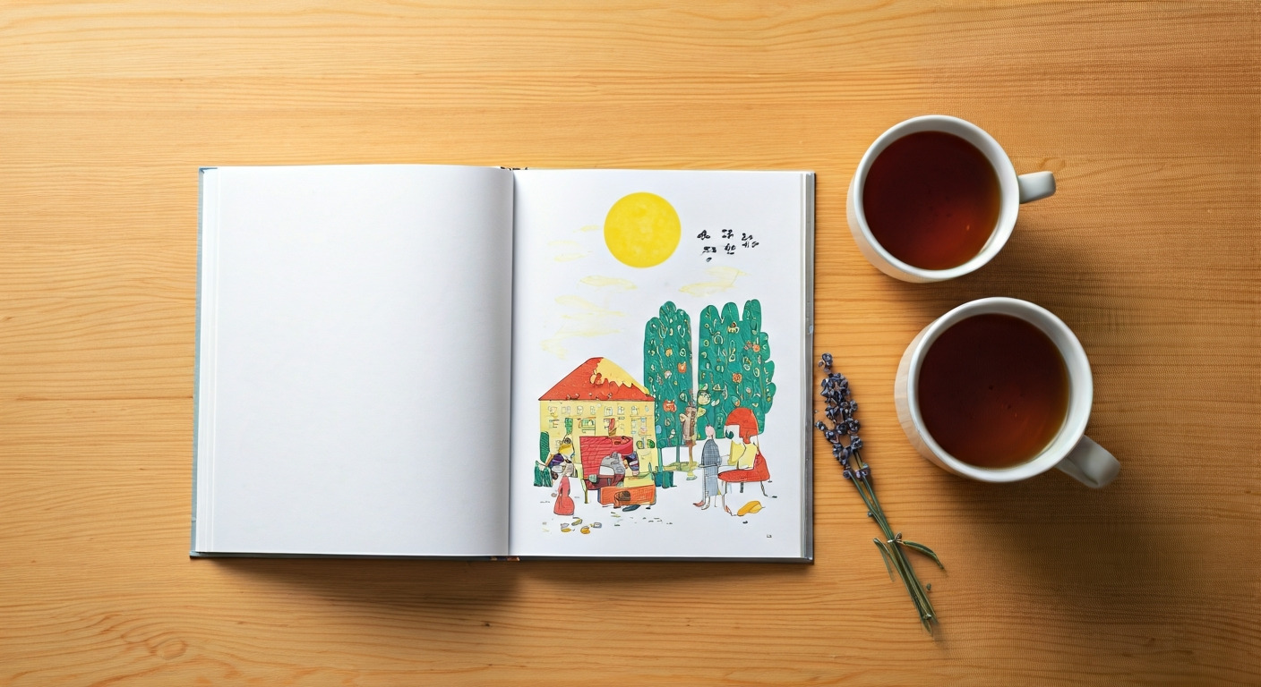 見出し1用: 静かな朝は、絵本からはじまる。自分と向き合う、優しい時間。 - イメージイラスト